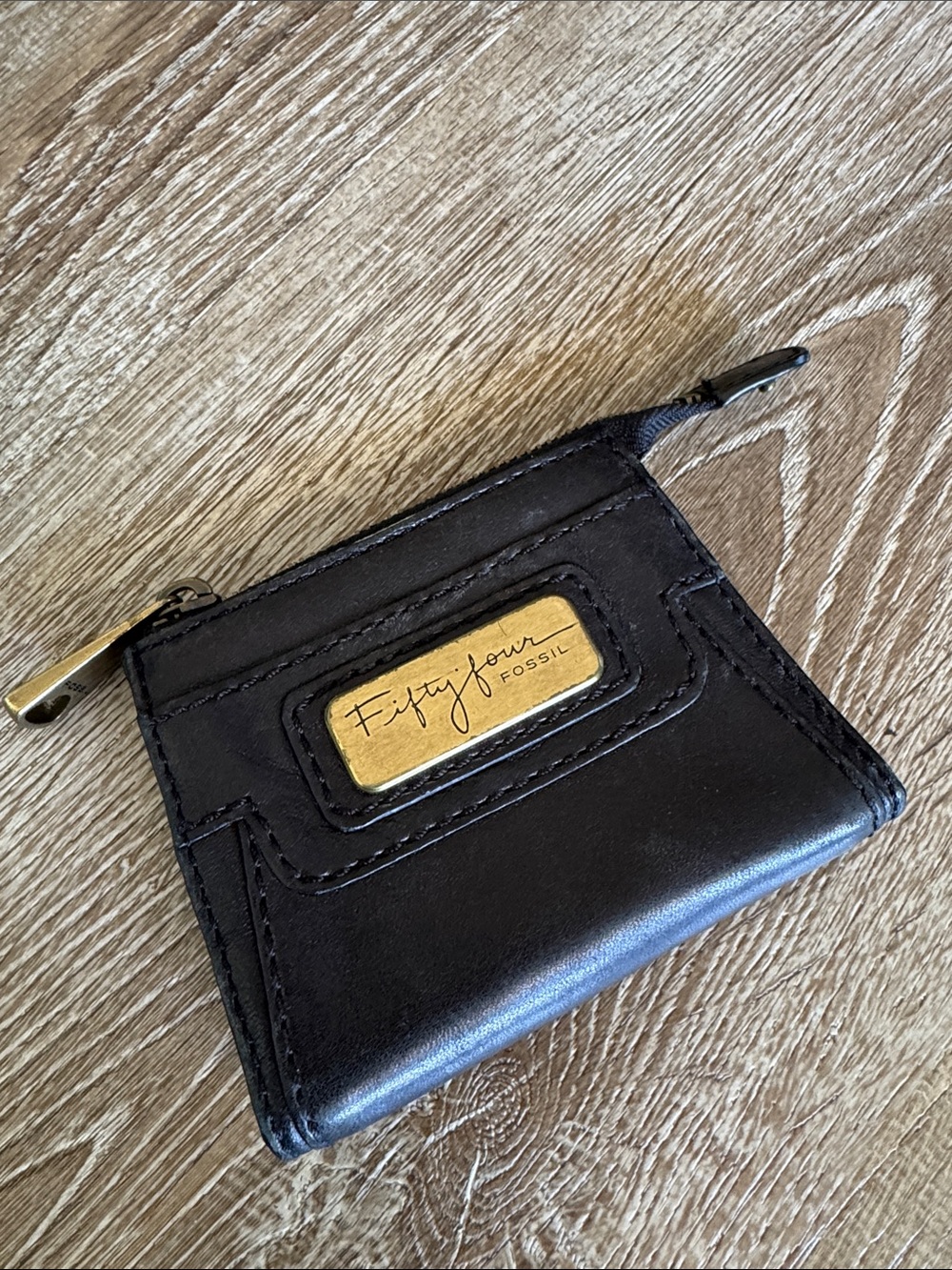 Fossil Black Leather Zip Card Case with Gold Plaque